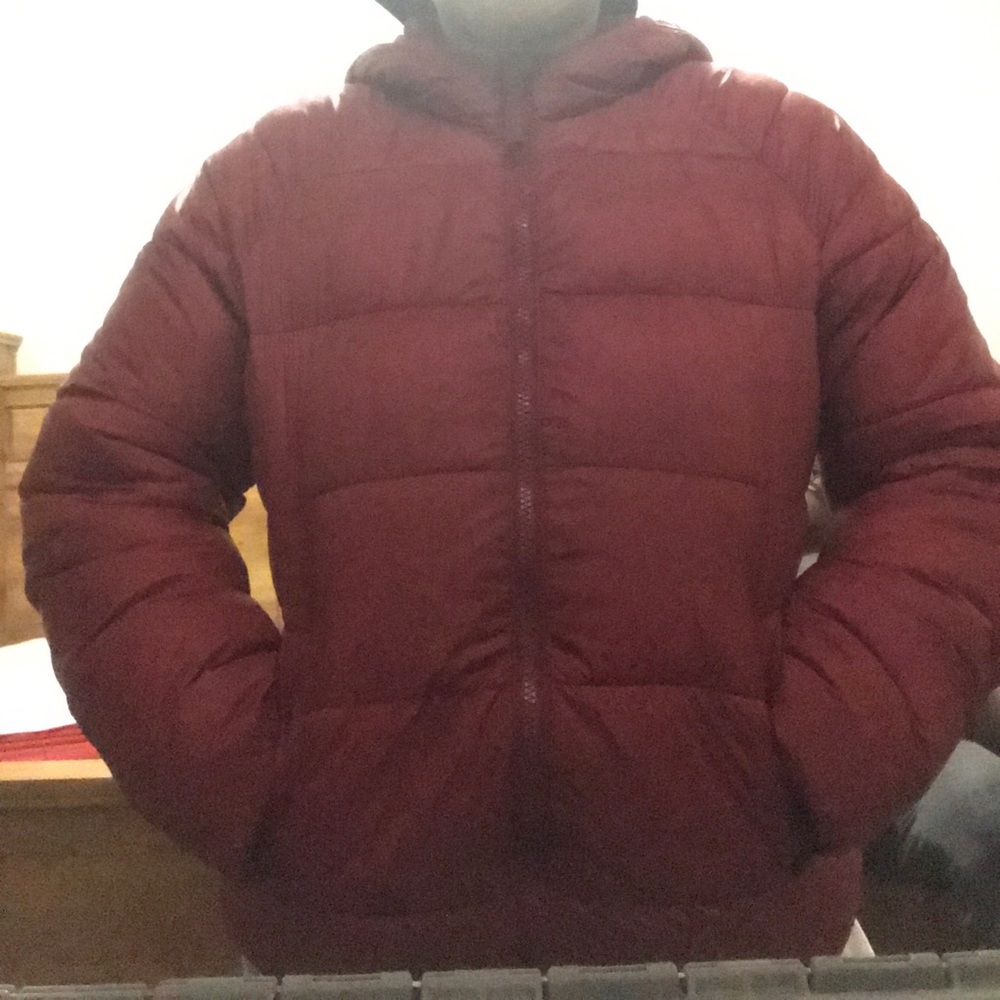 Red puffer jacket